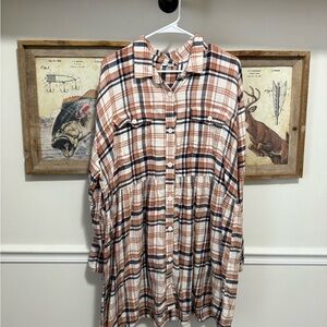 American Eagle Outfitters Tan and Blue Plaid Shirt Dress